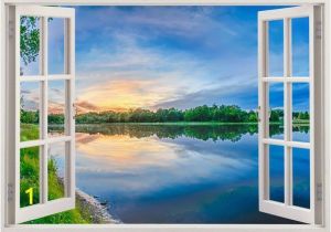 Beach Window Wall Mural Sunset Over Lake Wall Sticker 3d Window Sunset Reflective