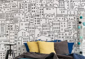 Bedroom Wall Mural Designs Black and White City Sketch Mural