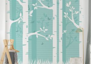 Birch forest Wall Mural Wall Mural Green Birch forest with butterflies and Birds Self Adhesive Wallpaper Square format