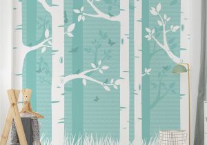 Birch Tree forest Wall Mural Wall Mural Green Birch forest with butterflies and Birds Self Adhesive Wallpaper Square format