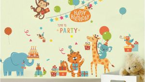 Birthday Party Wall Murals Cartoon Animals Birthday Party Wall Stickers for Kids Boys Girls Room Decor Air Balloon Cake Gift Party Wall Graphic Poster Wall Decals Wall Decor