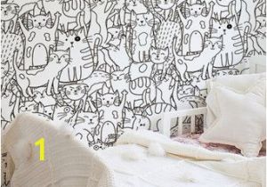 Black and White Mural Ideas Doodle Cats Pattern Black and White Wallpaper for Kids Room Funny
