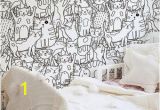 Black and White Wallpaper Murals for Walls Doodle Cats Pattern Black and White Wallpaper for Kids Room Funny