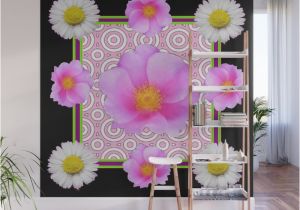 Black Floral Wall Mural Modern Art Style Shasta Daisy Pink Roses Black Color Abstract Art Wall Mural by Sharlesart