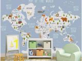 Blue World Map Wall Mural 3d Wallpaper Custom Photo Mural Cartoon World Animal Map Background Wall Home Decor Living Room 3d Wall Murals Wallpaper for Walls 3 D