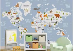 Blue World Map Wall Mural 3d Wallpaper Custom Photo Mural Cartoon World Animal Map Background Wall Home Decor Living Room 3d Wall Murals Wallpaper for Walls 3 D
