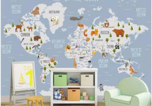 Blue World Map Wall Mural 3d Wallpaper Custom Photo Mural Cartoon World Animal Map Background Wall Home Decor Living Room 3d Wall Murals Wallpaper for Walls 3 D