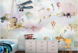 Boys Bedroom Wall Mural Hot Air Balloons Airplane Wallpaper Murals with Flower Bird