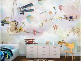 Boys Bedroom Wall Mural Hot Air Balloons Airplane Wallpaper Murals with Flower Bird