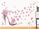 Butterfly High Heel Shoe Mural Vinyl Wall Art Black Pink butterfly High Heeled Shoes Waterproof Wallpaper Bedroom Sitting Room Background Adornment Wall Stickers Can Be Removed Wall Decals Art Wall