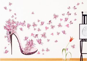 Butterfly High Heel Shoe Mural Vinyl Wall Art Black Pink butterfly High Heeled Shoes Waterproof Wallpaper Bedroom Sitting Room Background Adornment Wall Stickers Can Be Removed Wall Decals Art Wall