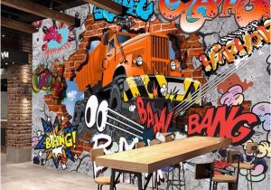 Car Murals for Walls 3d Broken Brick Wall Graffiti Cartoon Cars Mural for Restaurant Boys