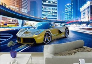 Cars 2 Wall Mural Cool Yellow Sports Car City Night Landscape 3d Wall Mural Wallpaper