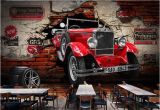 Cars 2 Wall Mural Vintage Brick Wall Paper Retro Red Car Wallpaper Mural