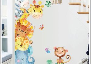 Cartoon Murals On the Wall Watercolor Painting Cartoon Animals Wall Stickers Kids Room Nursery Decor Wall Mural Poster Art Elephant Monkey Horse Wall Decal Owl Wall Decals Owl