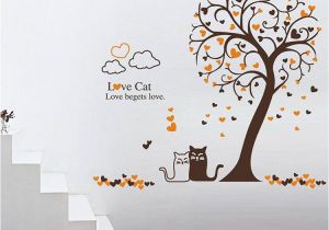 Cat In the Hat Wall Murals Cartoon Loving Cat Under Tree Wall Art Mural Decor Removable Pvc Art