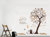 Cat In the Hat Wall Murals Cartoon Loving Cat Under Tree Wall Art Mural Decor Removable Pvc Art