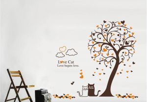 Cat In the Hat Wall Murals Cartoon Loving Cat Under Tree Wall Art Mural Decor Removable Pvc Art