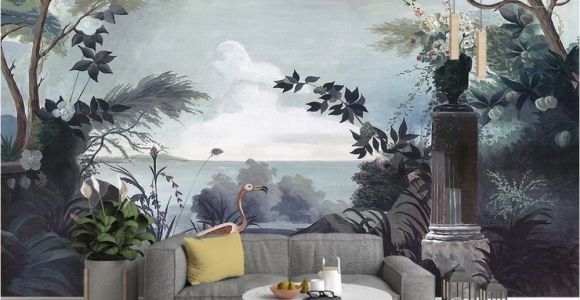 Cheap forest Wall Murals Dark forest and Seascape with Pelican Birds Wallpaper Mural