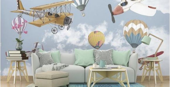 Childrens Wall Murals Wallpaper Airplane and Baloon Wallpaper Kids Room Cartoon Wall Mural