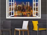 City View Wall Mural 3d Window View Wall Sticker Night City Landscape Sticker Decal Vinyl Wallpaper Home Decor Living Room Removable Wall Graphics Removable Wall Murals