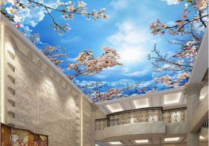 Cloud Murals Ceilings Romantic Blue Sky White Clouds Cherry Blossoms Wallpaper 3d