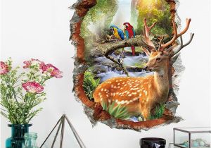 Deer Wall Mural Decals 3d Deer Parrot Wall Stickers Broken Window Home Decor Animals Creative Waterproof Pvc Decals Mural Kids Living Room Art Decorative Flower Wall Decals