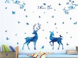 Deer Wall Mural Decals Blue Moon Tree Branch Leaves butterfly Birds Deer Wall Sticker Home Decor I Love You Wall Quote Mural Poster Graphic Living Room Wall Decal Wall Decal