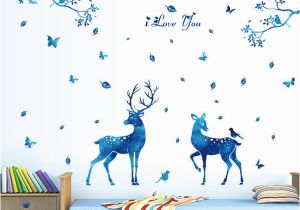 Deer Wall Mural Decals Blue Moon Tree Branch Leaves butterfly Birds Deer Wall Sticker Home Decor I Love You Wall Quote Mural Poster Graphic Living Room Wall Decal Wall Decal