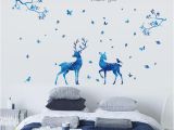 Deer Wall Mural Decals Blue Moon Tree Branch Leaves butterfly Birds Deer Wall Sticker Home Decor I Love You Wall Quote Mural Poster Graphic Living Room Wall Decal Wall Decal