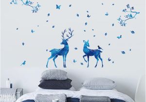 Deer Wall Mural Decals Blue Moon Tree Branch Leaves butterfly Birds Deer Wall Sticker Home Decor I Love You Wall Quote Mural Poster Graphic Living Room Wall Decal Wall Decal