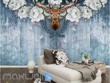 Deer Wall Mural Decals Vintage Deer Head with White Roses Blue Wooden Wall Art