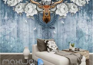 Deer Wall Mural Decals Vintage Deer Head with White Roses Blue Wooden Wall Art