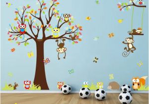 Diy Photo Wall Mural Cartoon forest Animal Monkey Owls Hedgehog Tree Swing Nursery Wall Stickers Wall Murals Diy Posters Viny Removable Art Wall S for Kids Room