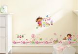 Dora the Explorer Wall Mural Dora the Explorer with Flowers Wall Stickers for Kids Room Baseboard Home Decoration Cartoon Nursery Mural Art Children S Decals