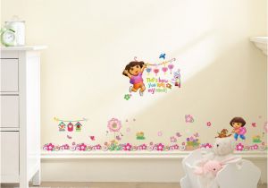 Dora the Explorer Wall Mural Dora the Explorer with Flowers Wall Stickers for Kids Room Baseboard Home Decoration Cartoon Nursery Mural Art Children S Decals