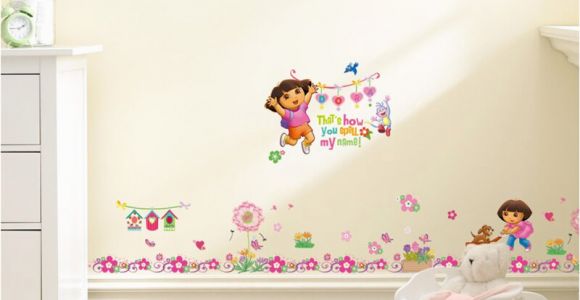 Dora the Explorer Wall Mural Dora the Explorer with Flowers Wall Stickers for Kids Room Baseboard Home Decoration Cartoon Nursery Mural Art Children S Decals