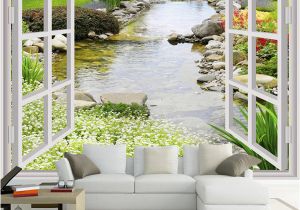 Easy Outdoor Wall Murals Custom Wall Mural Wallpaper Modern Simple 3d Window Garden Small River Flower Grass Fresco Living Room Bedroom Wall Paper Custom Wallpaper