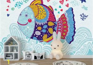 Fabric Mural Wall Art Kids Wallpaper Cartoon Fish Wall Mural Abstract Fish Drawing Wall Art Childroom Baby Room