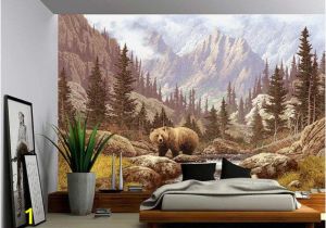 Fabric Murals for Walls Grizzly Bear Mountain Stream Wall Mural Self Adhesive Vinyl