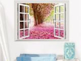 Fake Window Wall Mural 3d Cherry Blossoms Fake Windows Wall Stickers Removable Faux Window View Wall Decal Wall Decal for Livingroom Bedroom Decorative Decals Decorative