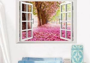 Fake Window Wall Mural 3d Cherry Blossoms Fake Windows Wall Stickers Removable Faux Window View Wall Decal Wall Decal for Livingroom Bedroom Decorative Decals Decorative