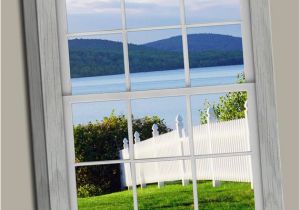 Faux Window Wall Murals White Picket Fence Faux Window Gallery Wrap Canvas Print Fine Wall Art Blue Ocean Water Front Green Grass Sky Trees Mountain View