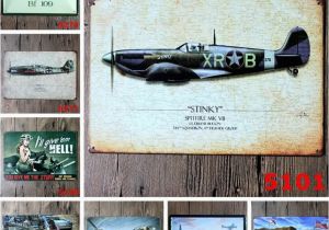 Fighter Jet Wall Mural Vintage Aircraft Retro Tin Metal Painting Sign Wall Decor Vintage Tin Poster Cafe Shop Bar Home Decor