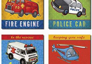 Fire Truck Wall Murals Popular Fire Truck Ambulance Helicopter and Police Car Great for A Childs Room or Nursery Four 8x8in Poster Print Blue Red Yellow Green