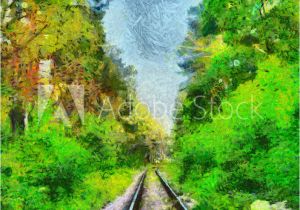 Forest Stream Wall Mural & Art Print Railway Among Green Summer forest Oil