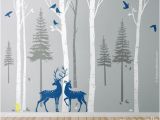 Forest Wall Decal Mural Birch Trees Fir Trees Pine Trees with Deers Wall Decal