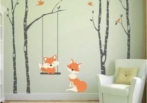 Forest Wall Mural Nursery Woodland Nursery Fox & Trees Wall Decal 4 Birch Trees