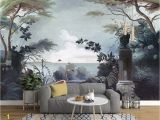 Forest Wall Mural Painting Dark forest and Seascape with Pelican Birds Wallpaper Mural
