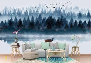 Forest Wall Mural Painting Dreamy Foggy Handpainted northern European forest Wallpaper